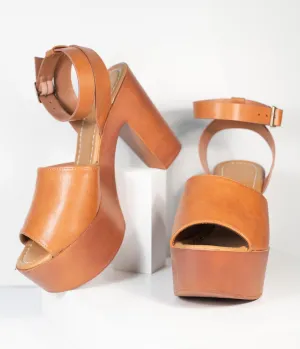 1970s Style Tan Peep Toe Platforms