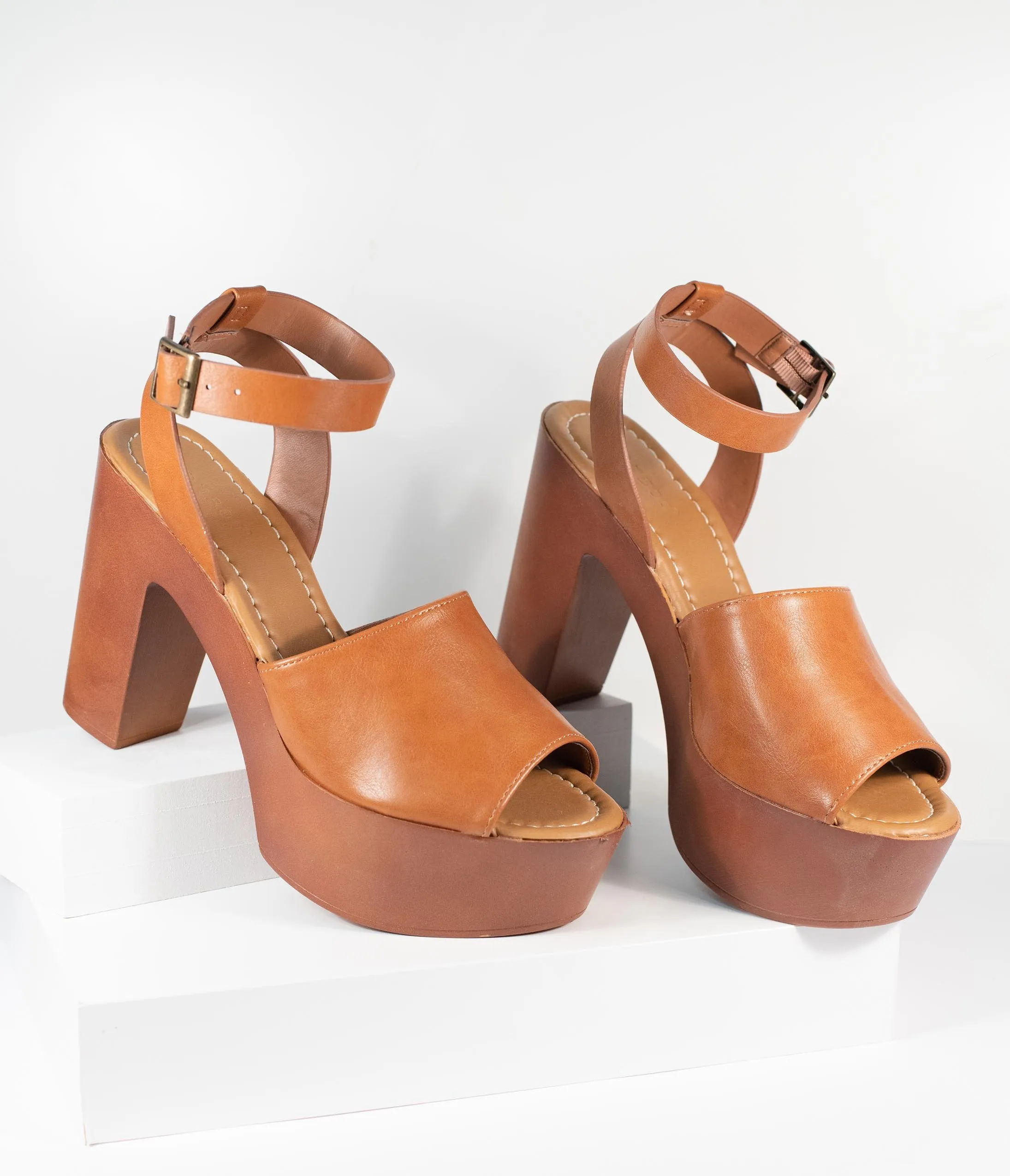 1970s Style Tan Peep Toe Platforms