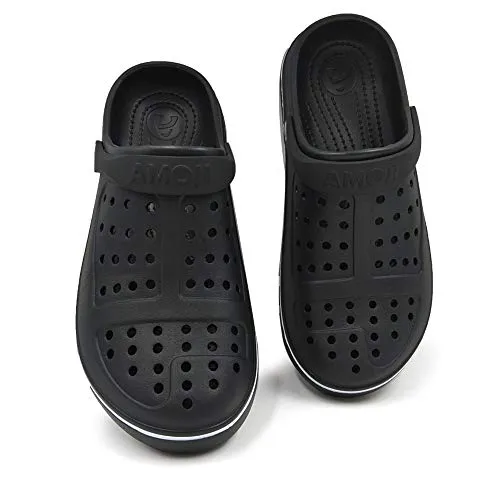 Amoji Men's Garden Clogs Women's Garden Shoes Crock Water Beach Clogs Gardening Yard Plastic Rubber Comfortable Outdoor Sandals Summer Slip On Adult Male Female CL8818 Black Size 8 Women/6 Men
