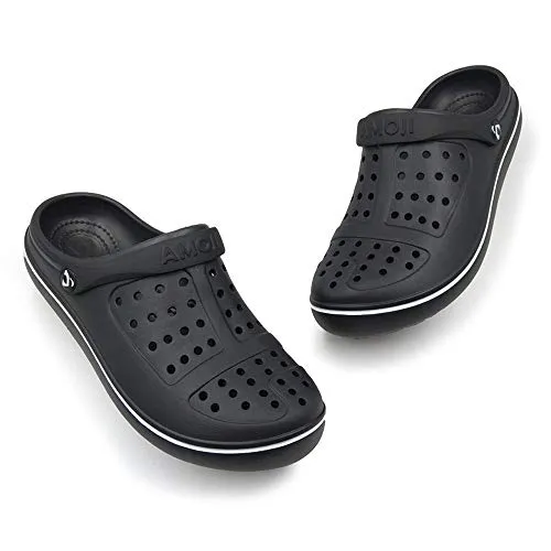 Amoji Men's Garden Clogs Women's Garden Shoes Crock Water Beach Clogs Gardening Yard Plastic Rubber Comfortable Outdoor Sandals Summer Slip On Adult Male Female CL8818 Black Size 8 Women/6 Men