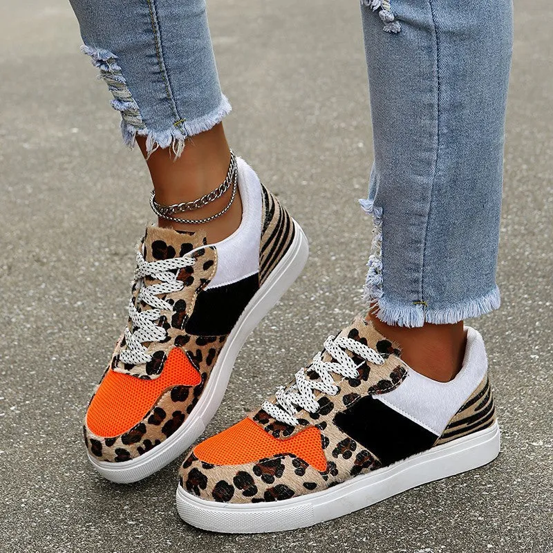 Casual Womens Single Leopard Print Lace Up Canvas Flat Shoes