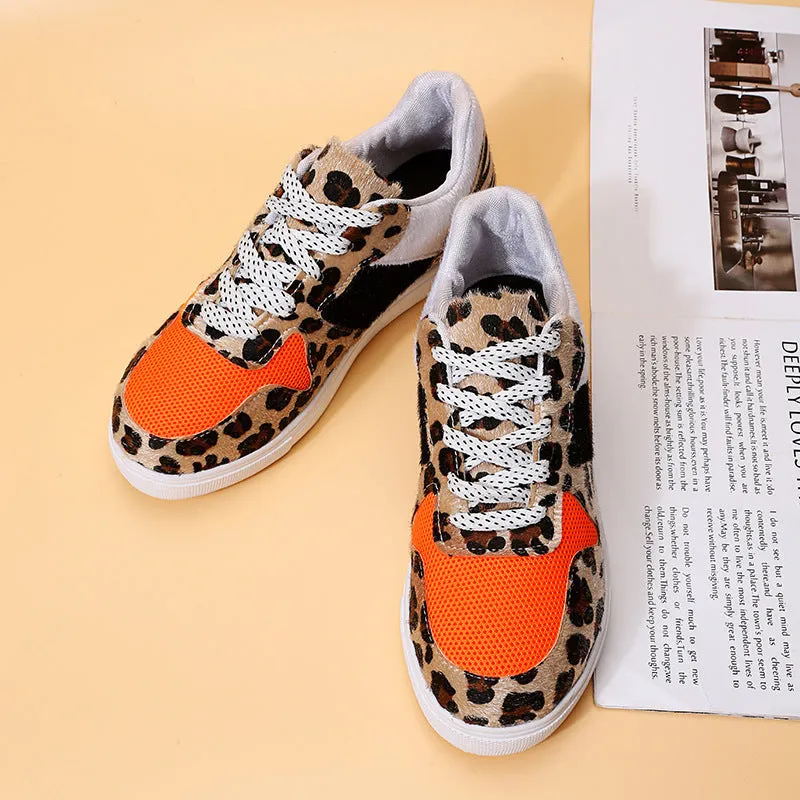 Casual Womens Single Leopard Print Lace Up Canvas Flat Shoes