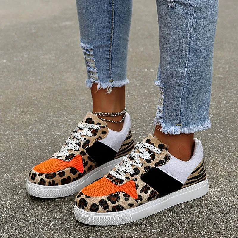 Casual Womens Single Leopard Print Lace Up Canvas Flat Shoes