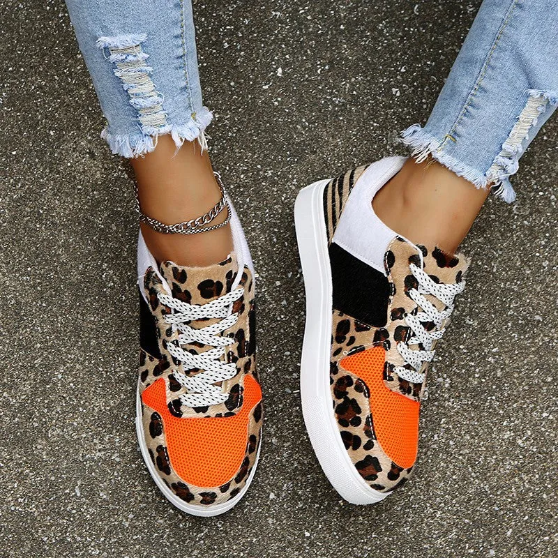 Casual Womens Single Leopard Print Lace Up Canvas Flat Shoes