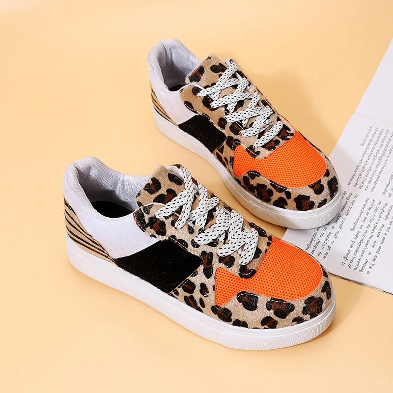 Casual Womens Single Leopard Print Lace Up Canvas Flat Shoes