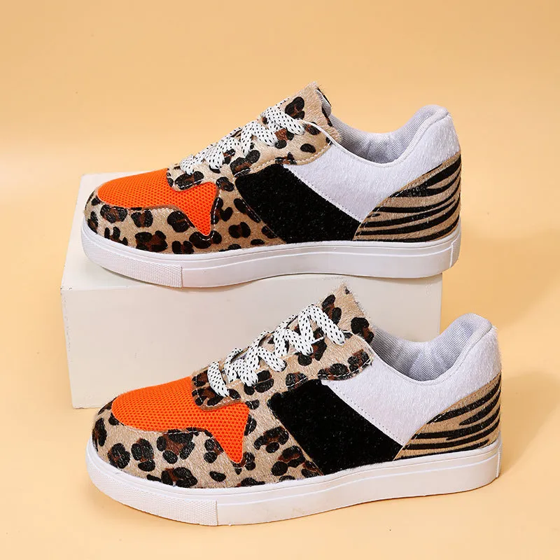 Casual Womens Single Leopard Print Lace Up Canvas Flat Shoes