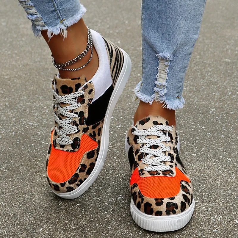 Casual Womens Single Leopard Print Lace Up Canvas Flat Shoes