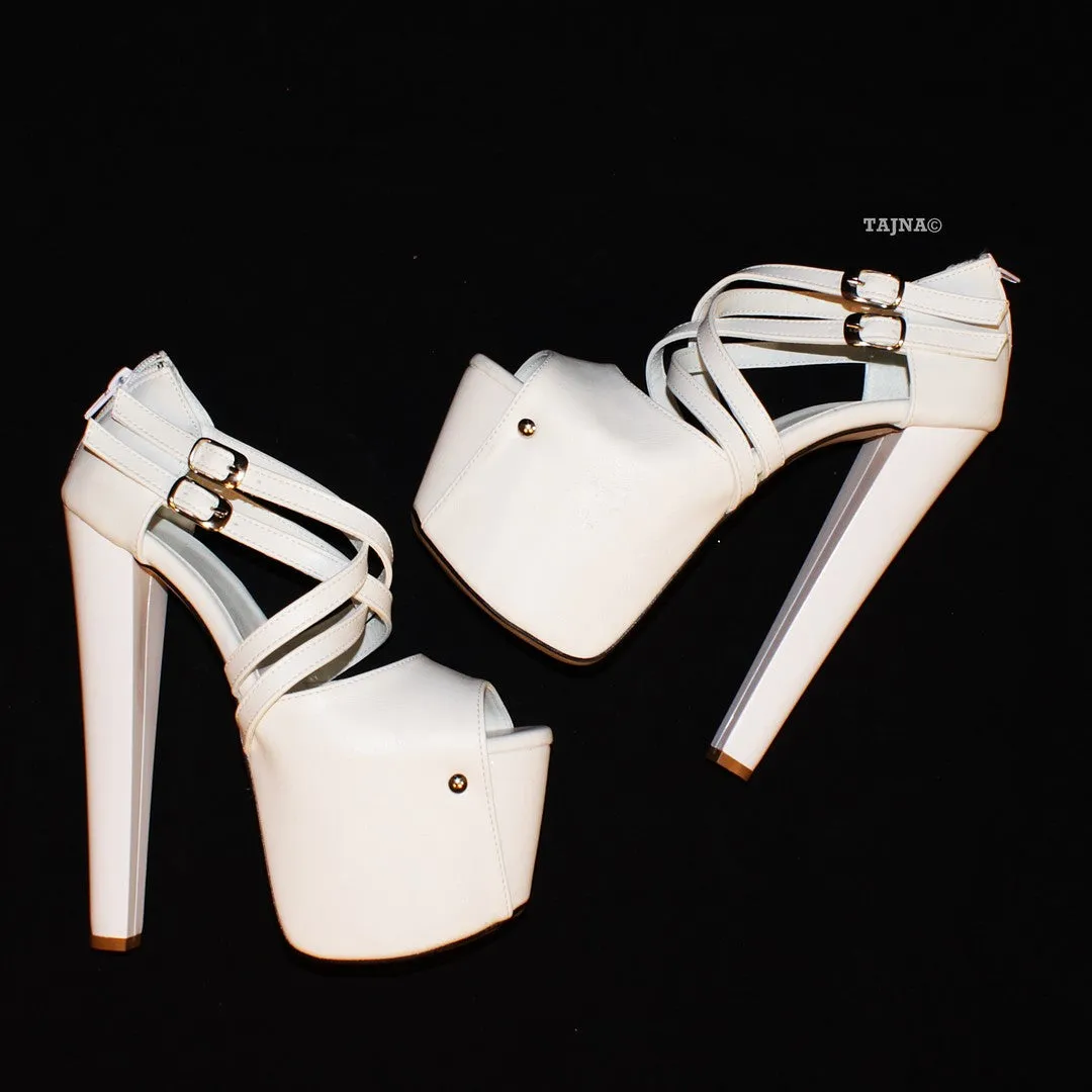 Double Cross Strap White 19 cm Platform Heels