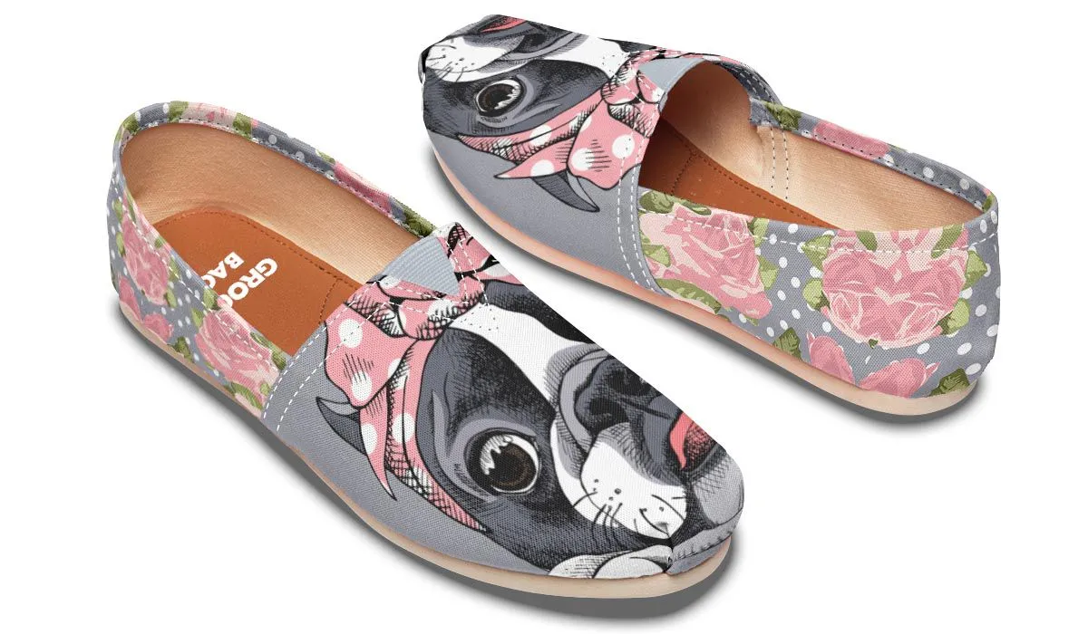 Floral Boston Terrier Pink Casual Shoes