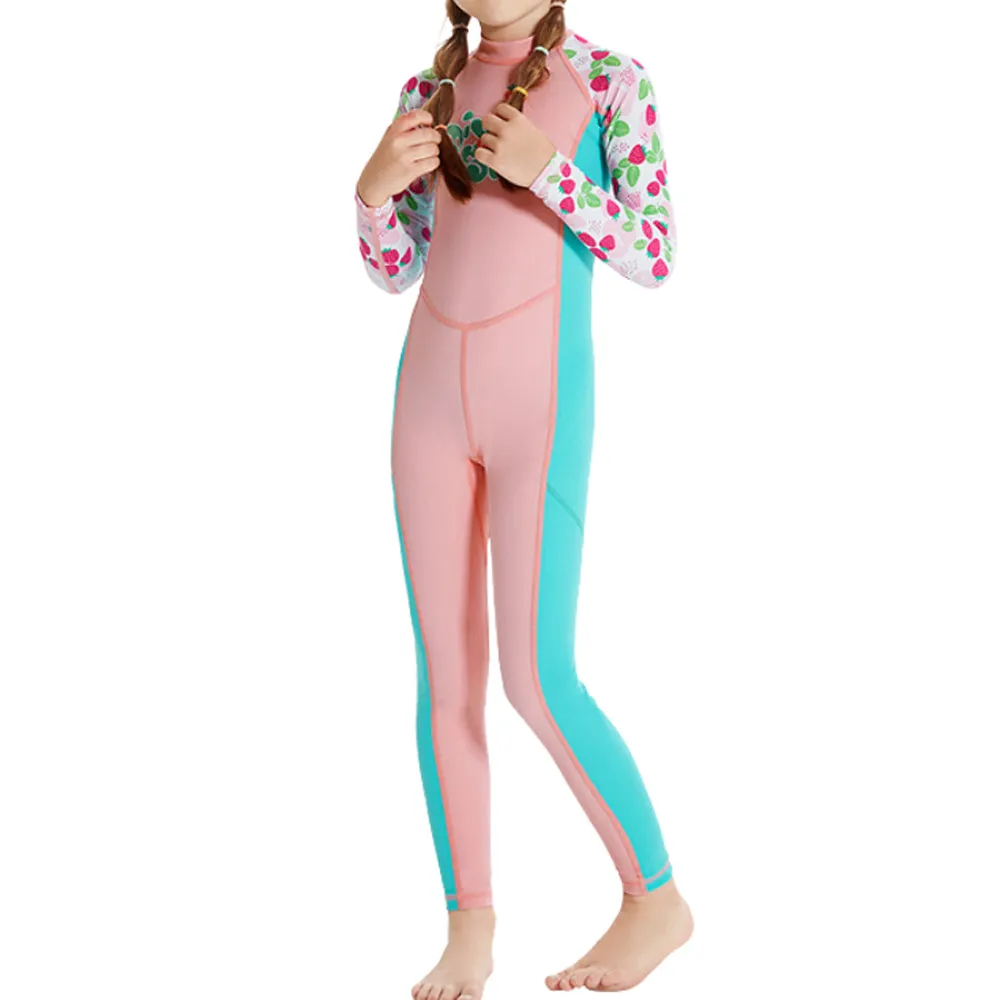 Full Length Dive Baby Pink Strawberry Printed Kids Swimwear In Upf 50  Fabric