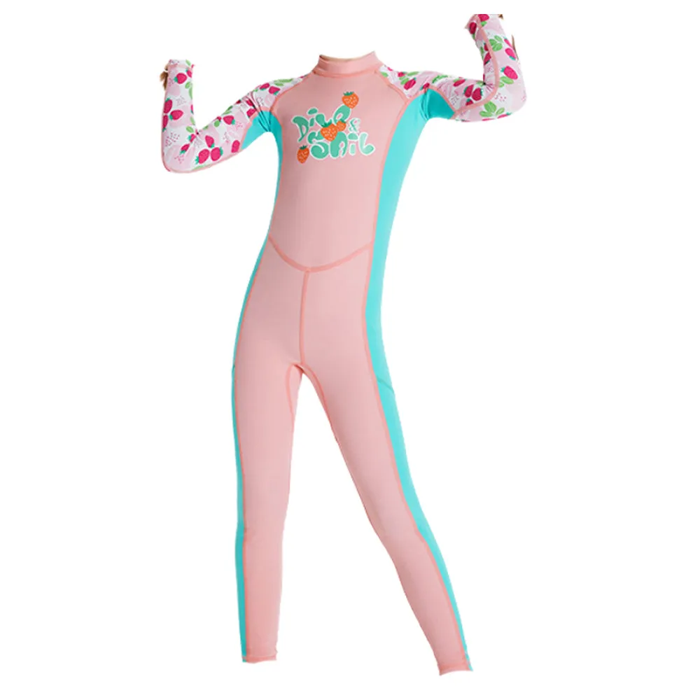 Full Length Dive Baby Pink Strawberry Printed Kids Swimwear In Upf 50  Fabric