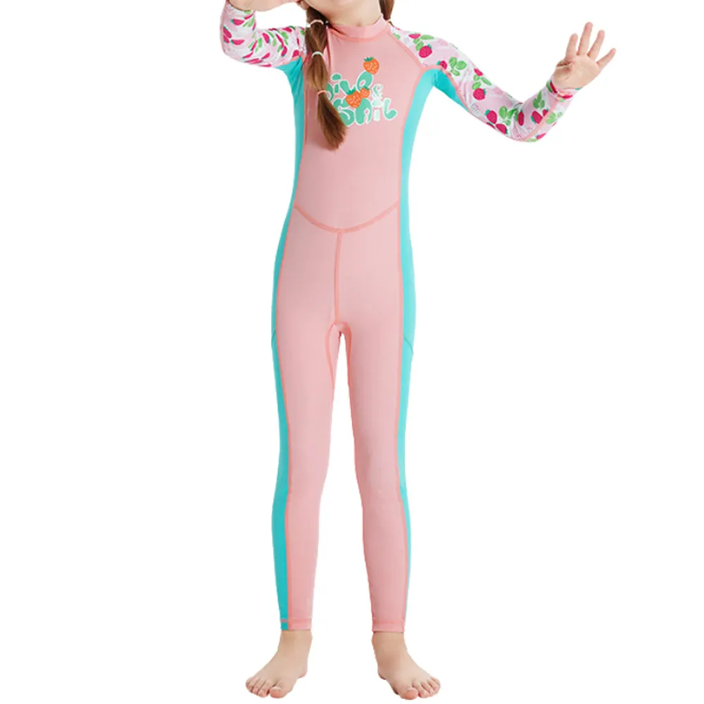 Full Length Dive Baby Pink Strawberry Printed Kids Swimwear In Upf 50  Fabric