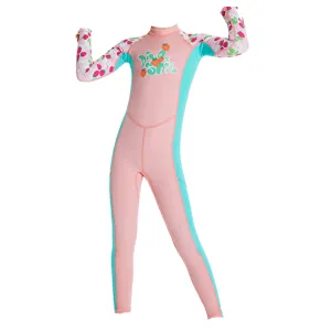 Full Length Dive Baby Pink Strawberry Printed Kids Swimwear In Upf 50  Fabric