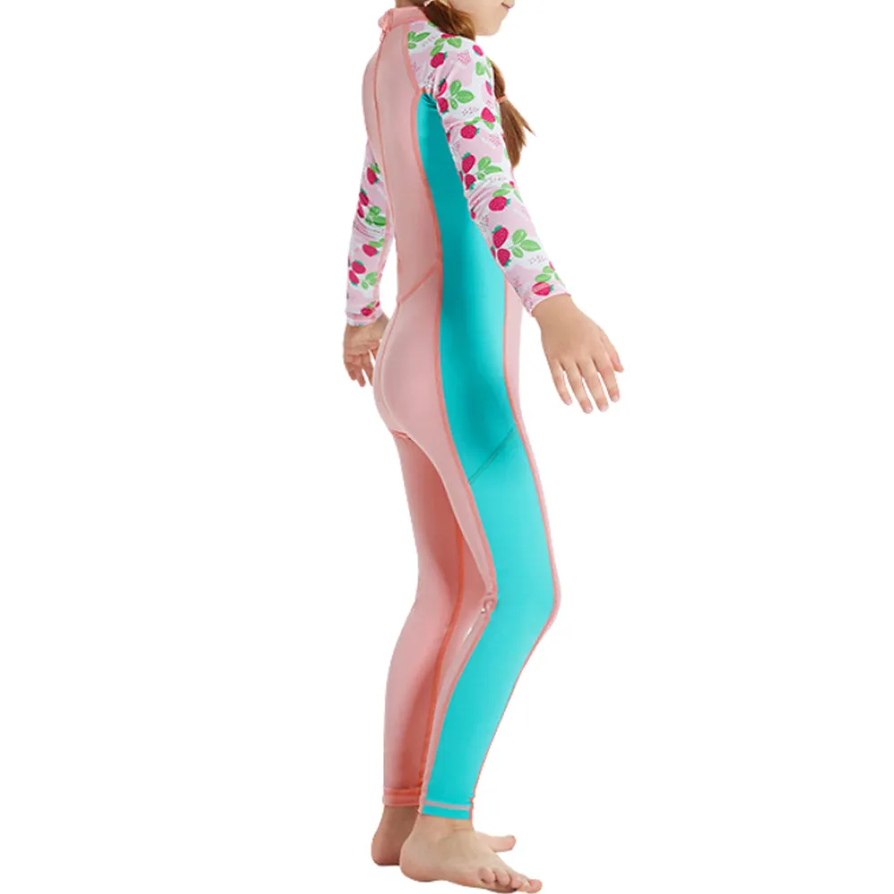 Full Length Dive Baby Pink Strawberry Printed Kids Swimwear In Upf 50  Fabric