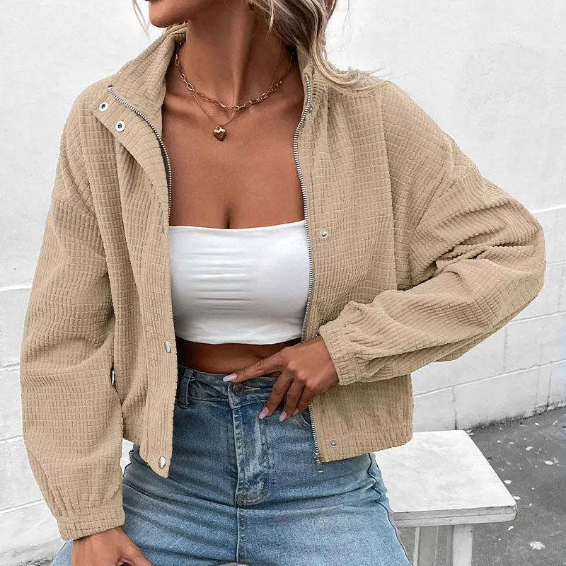 PEOPLETERRITORY Europe, America  Women's Clothing New Autumn and Winter New  Stand-Up Jacket Corduroy Europe and America Short Jacket Women