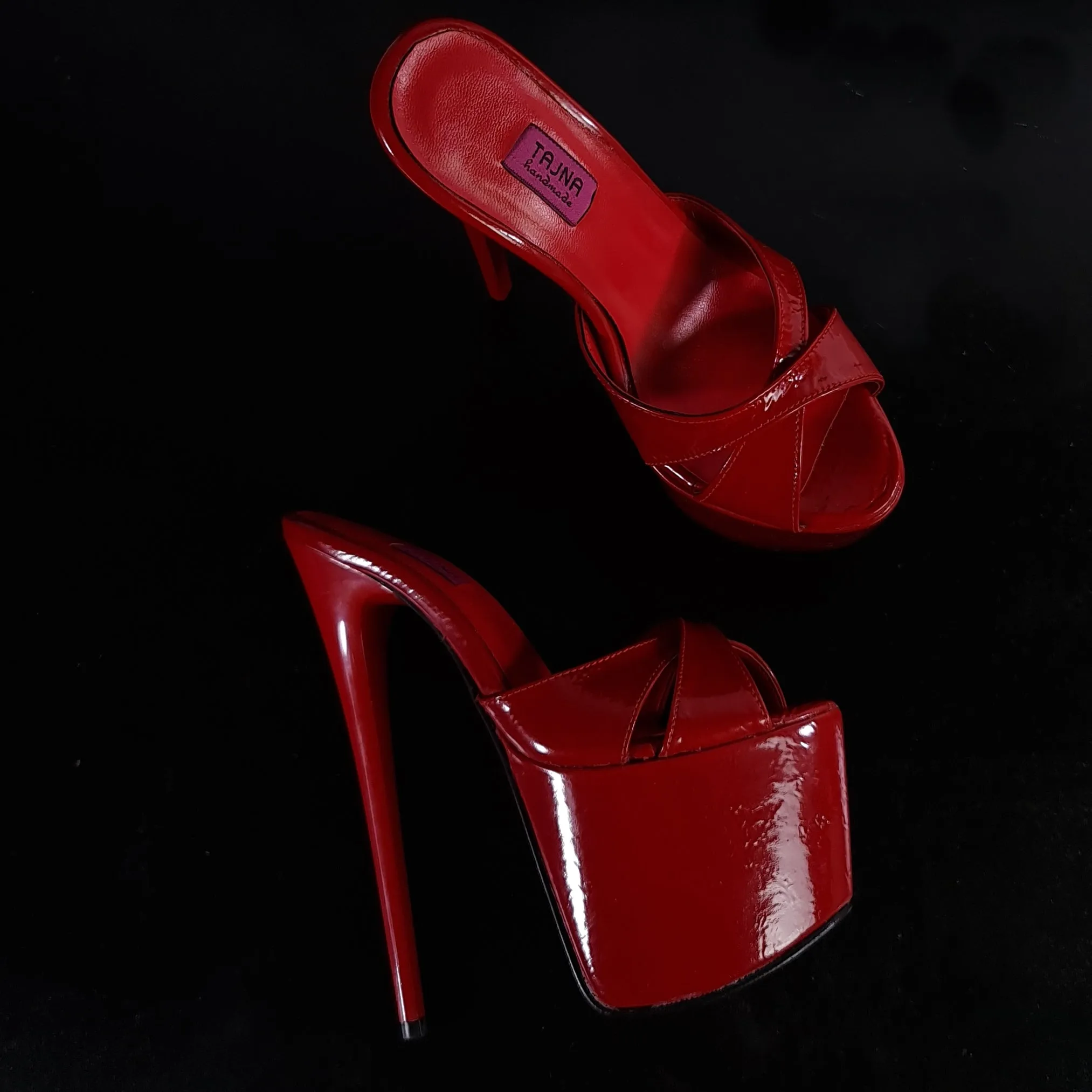 Red Gloss Cross Strap High Heel Mules