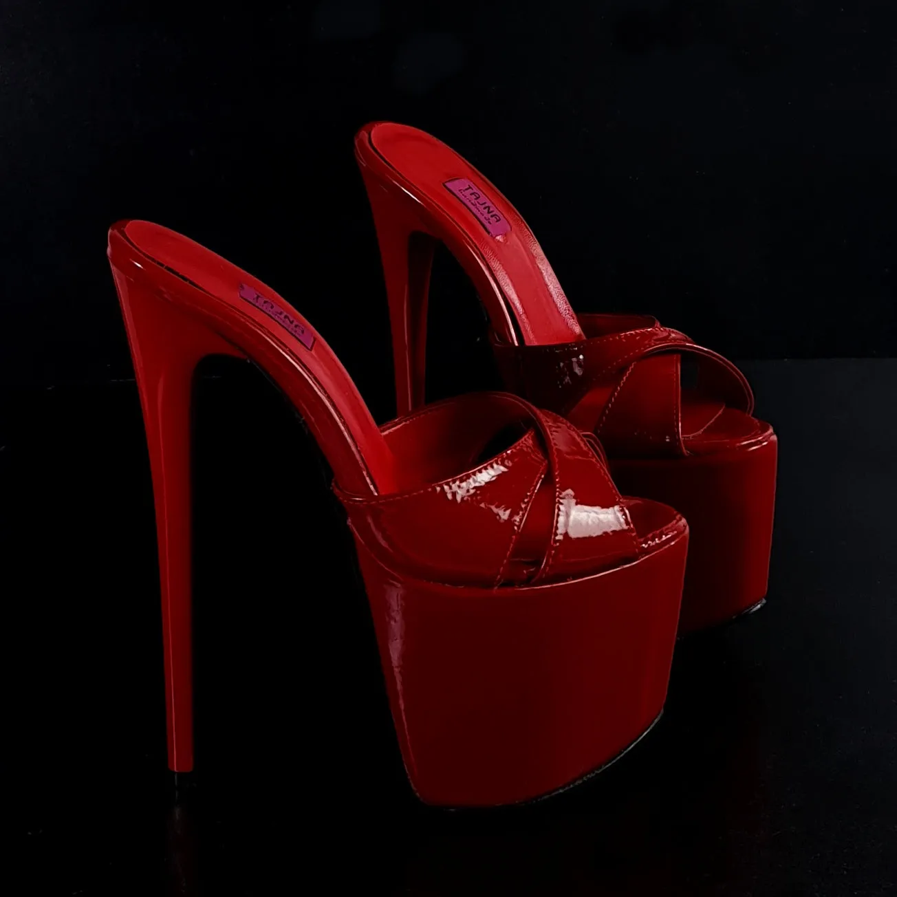 Red Gloss Cross Strap High Heel Mules