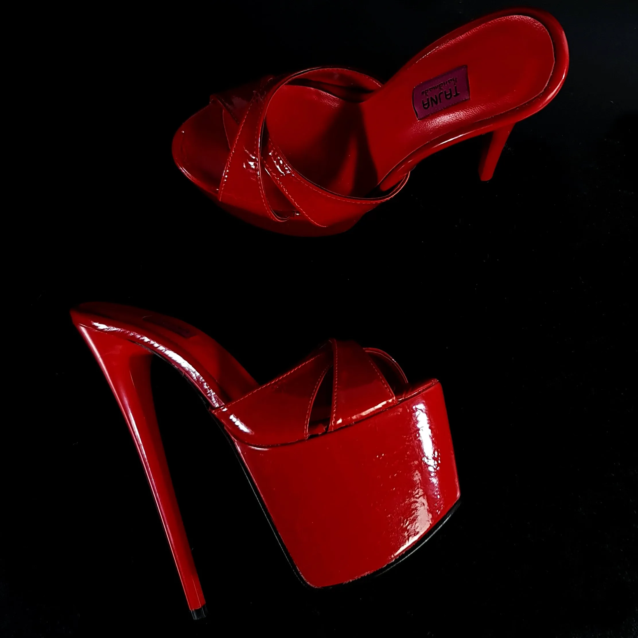 Red Gloss Cross Strap High Heel Mules