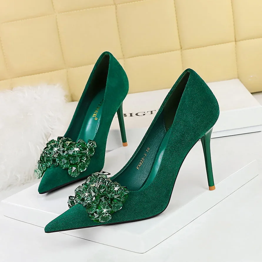 Velvet Embellished Gemstone Bow Detail Stiletto Heels Shoes