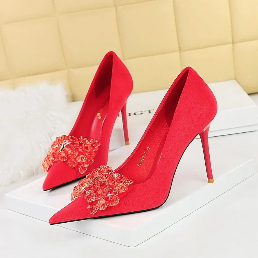 Velvet Embellished Gemstone Bow Detail Stiletto Heels Shoes