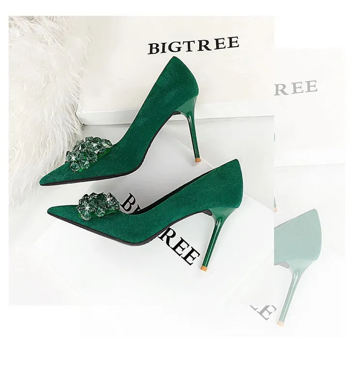 Velvet Embellished Gemstone Bow Detail Stiletto Heels Shoes