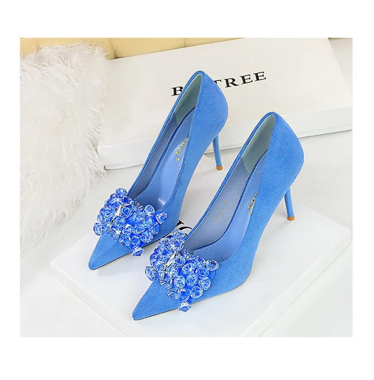 Velvet Embellished Gemstone Bow Detail Stiletto Heels Shoes