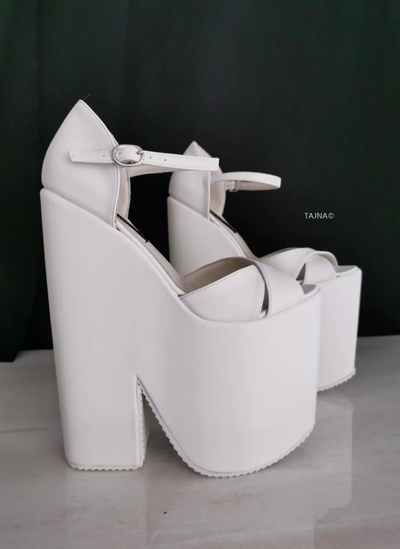 White Extreme Heel Strap Wedge Shoes