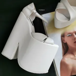 White Extreme Heel Strap Wedge Shoes