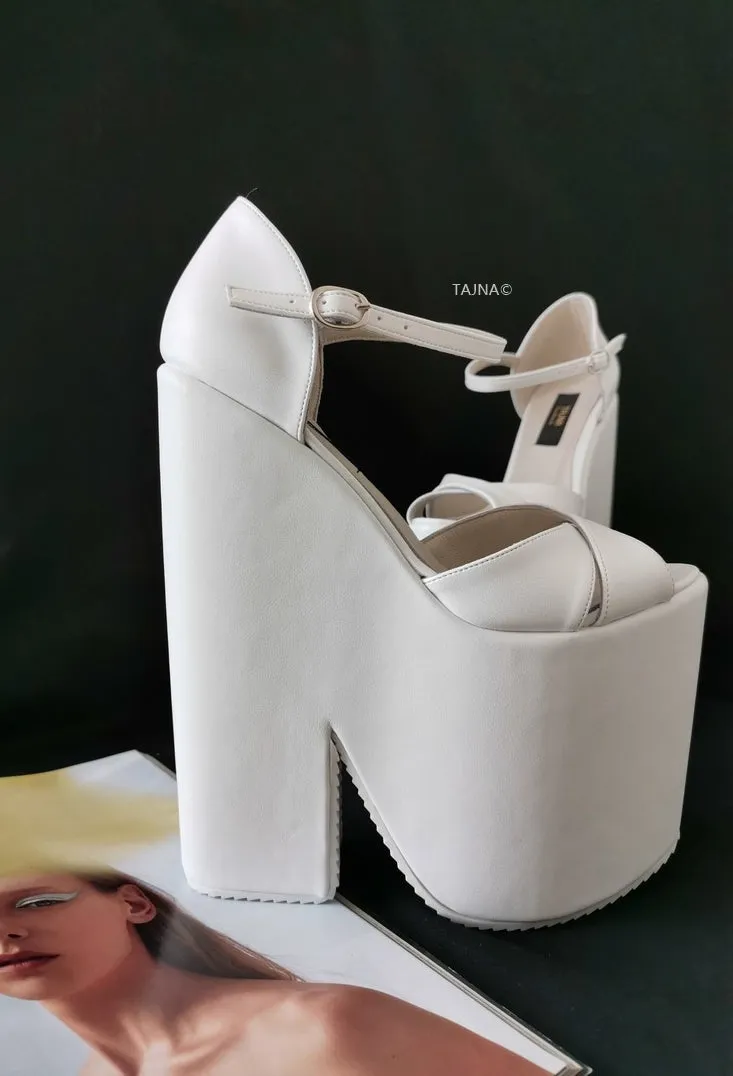 White Extreme Heel Strap Wedge Shoes