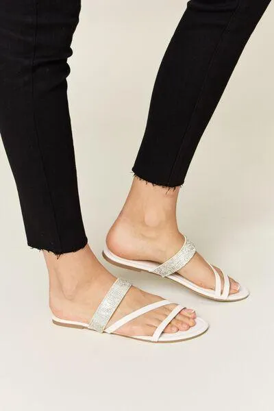 Wild Diva Strappy Rhinestone White Flat Sandals