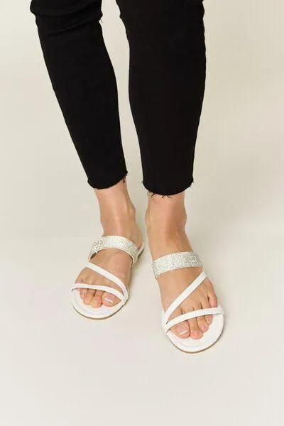 Wild Diva Strappy Rhinestone White Flat Sandals