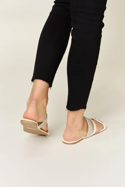 Wild Diva Strappy Rhinestone White Flat Sandals