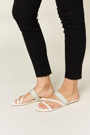 Wild Diva Strappy Rhinestone White Flat Sandals
