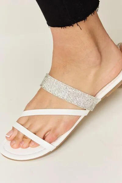 Wild Diva Strappy Rhinestone White Flat Sandals