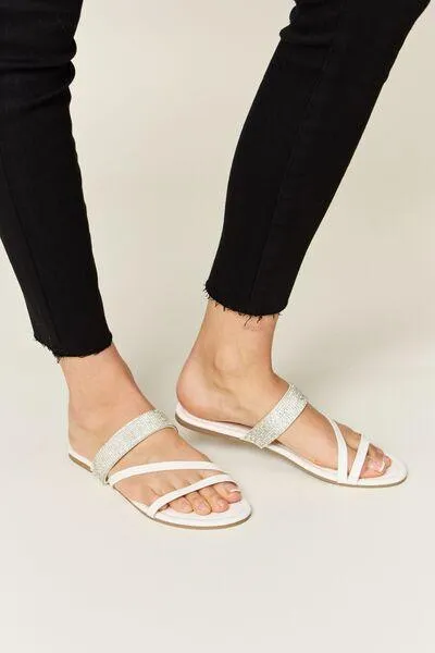 Wild Diva Strappy Rhinestone White Flat Sandals