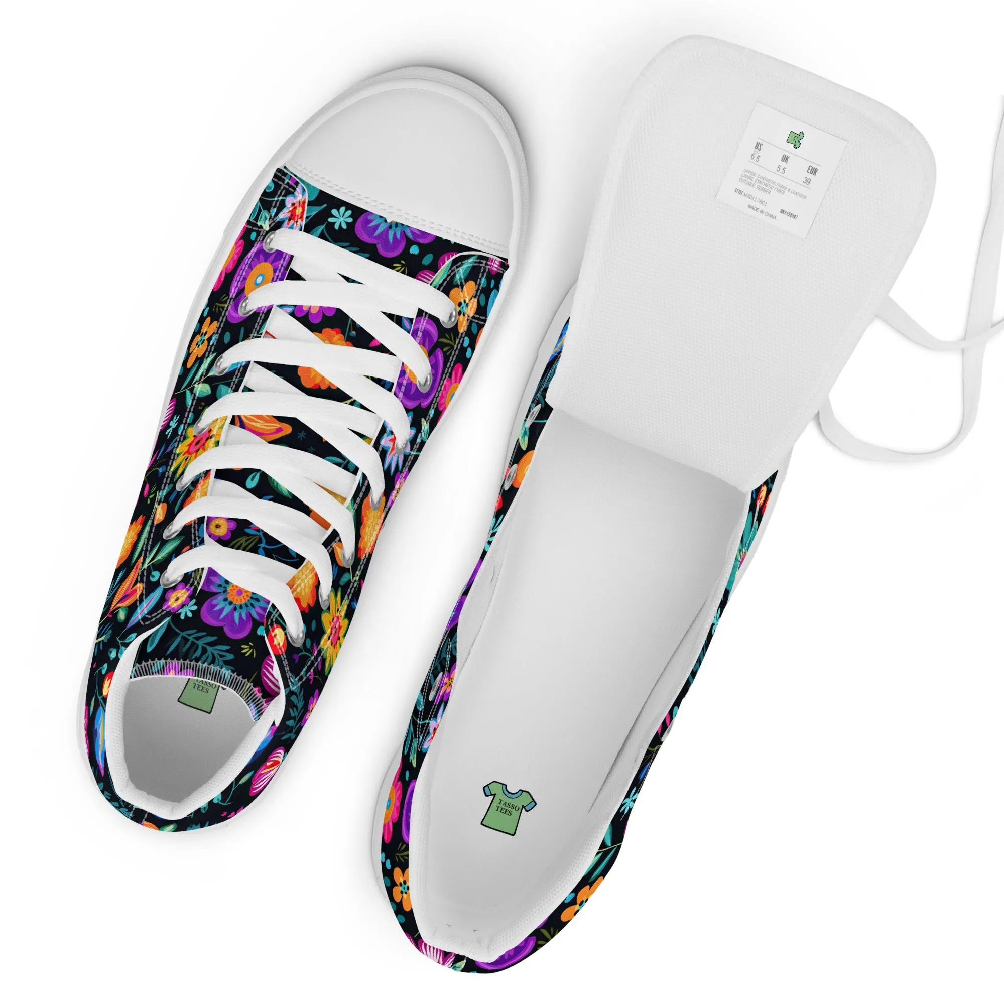 Women’s Mexican Flowers high top canvas shoes, Floral Design High Top Sneakers, Shoe Gift