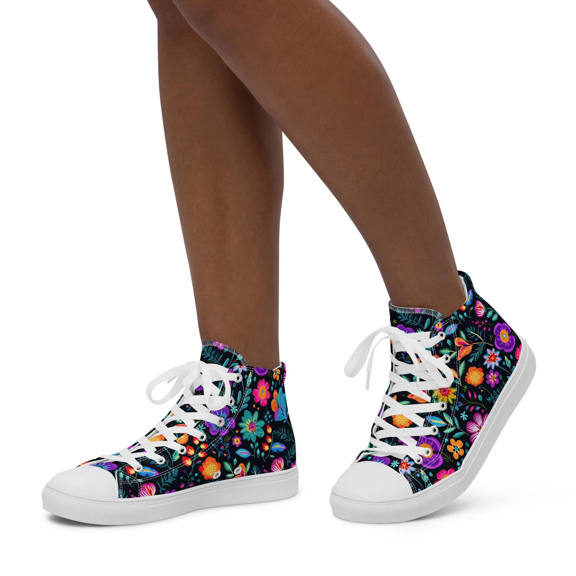 Women’s Mexican Flowers high top canvas shoes, Floral Design High Top Sneakers, Shoe Gift