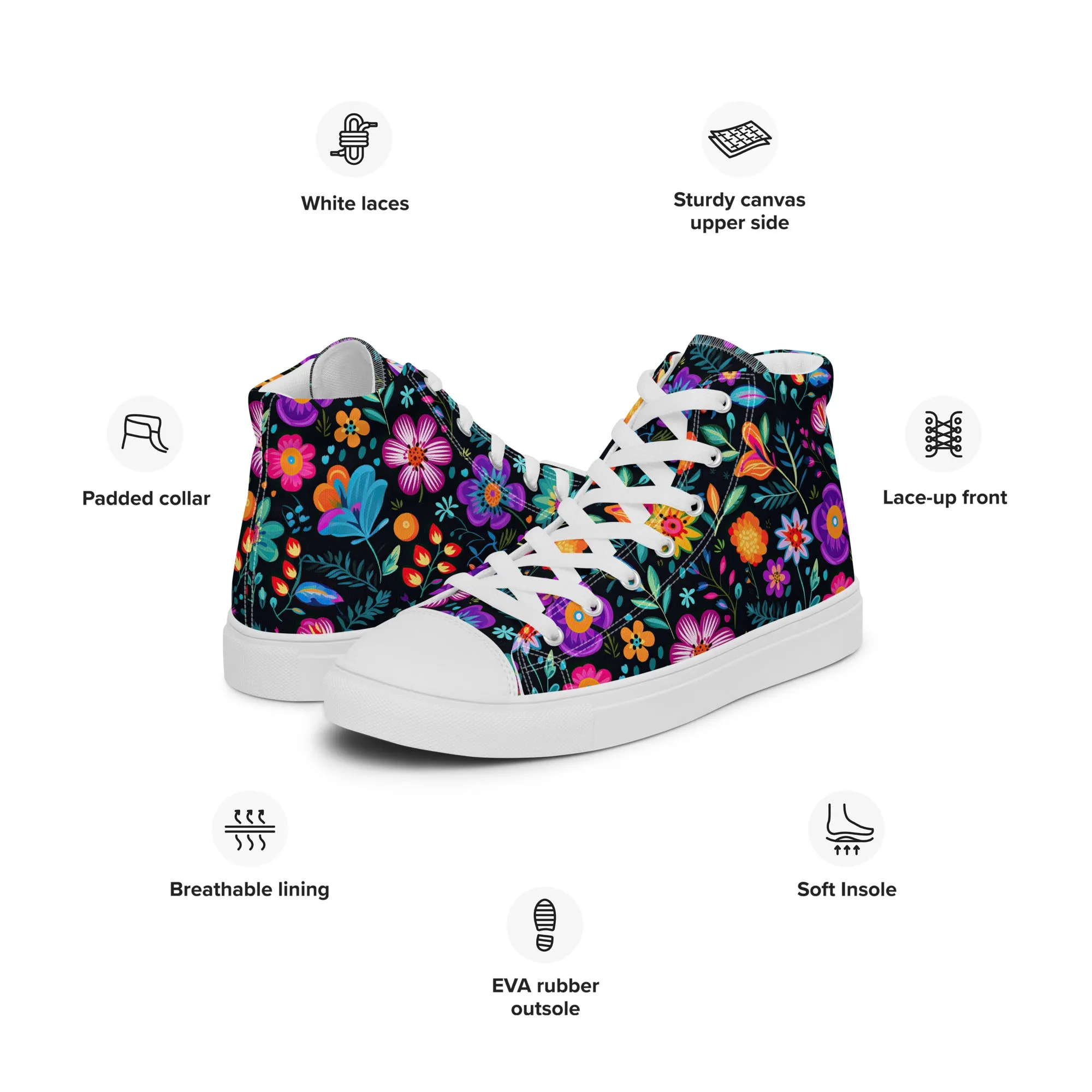Women’s Mexican Flowers high top canvas shoes, Floral Design High Top Sneakers, Shoe Gift